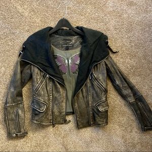 Andrew Marc hooded leather moto jacket